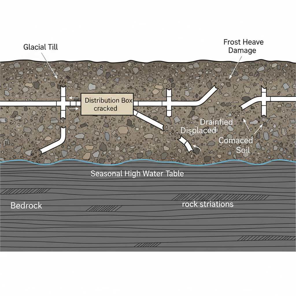 illustration showing frost heave causing cracked distribution box and displaced drainfield pipes
