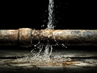 Leaking Rusty Water Pipe Under Pressure Causing Water Damage