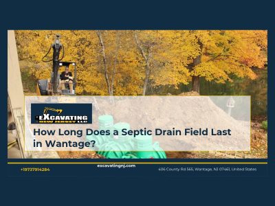 Excavator beside a septic installation under autumn trees, with the title How Long Does a Septic Drain Field Last in Wantage?